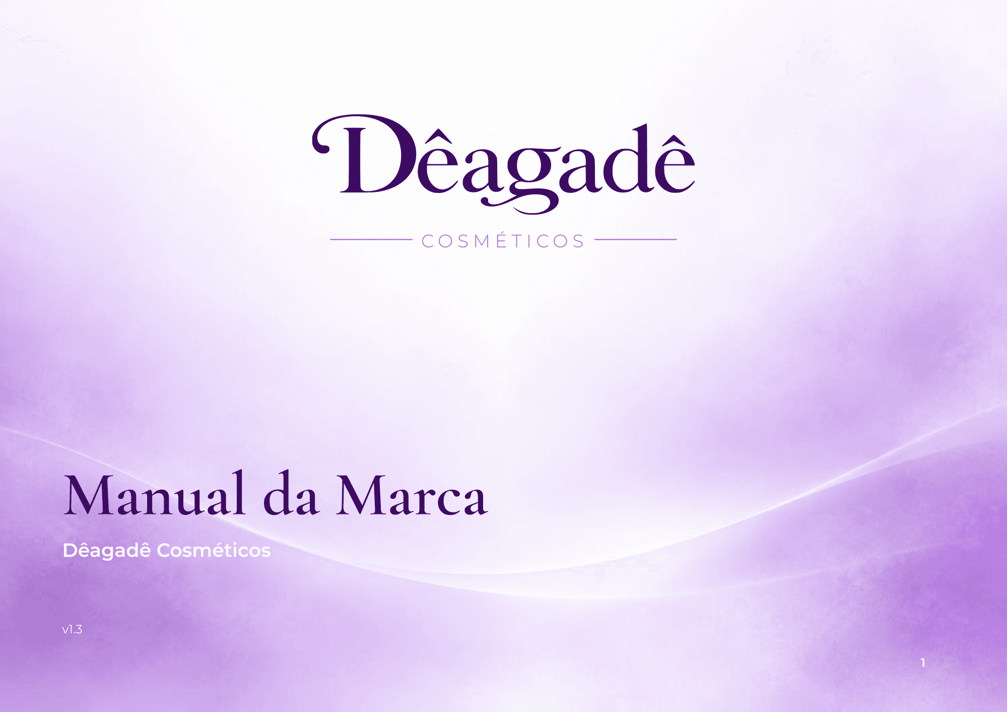 Capa do Manual da Marca Dêagadê Cosméticos, com o logotipo em roxo sobre um gradiente lilás
