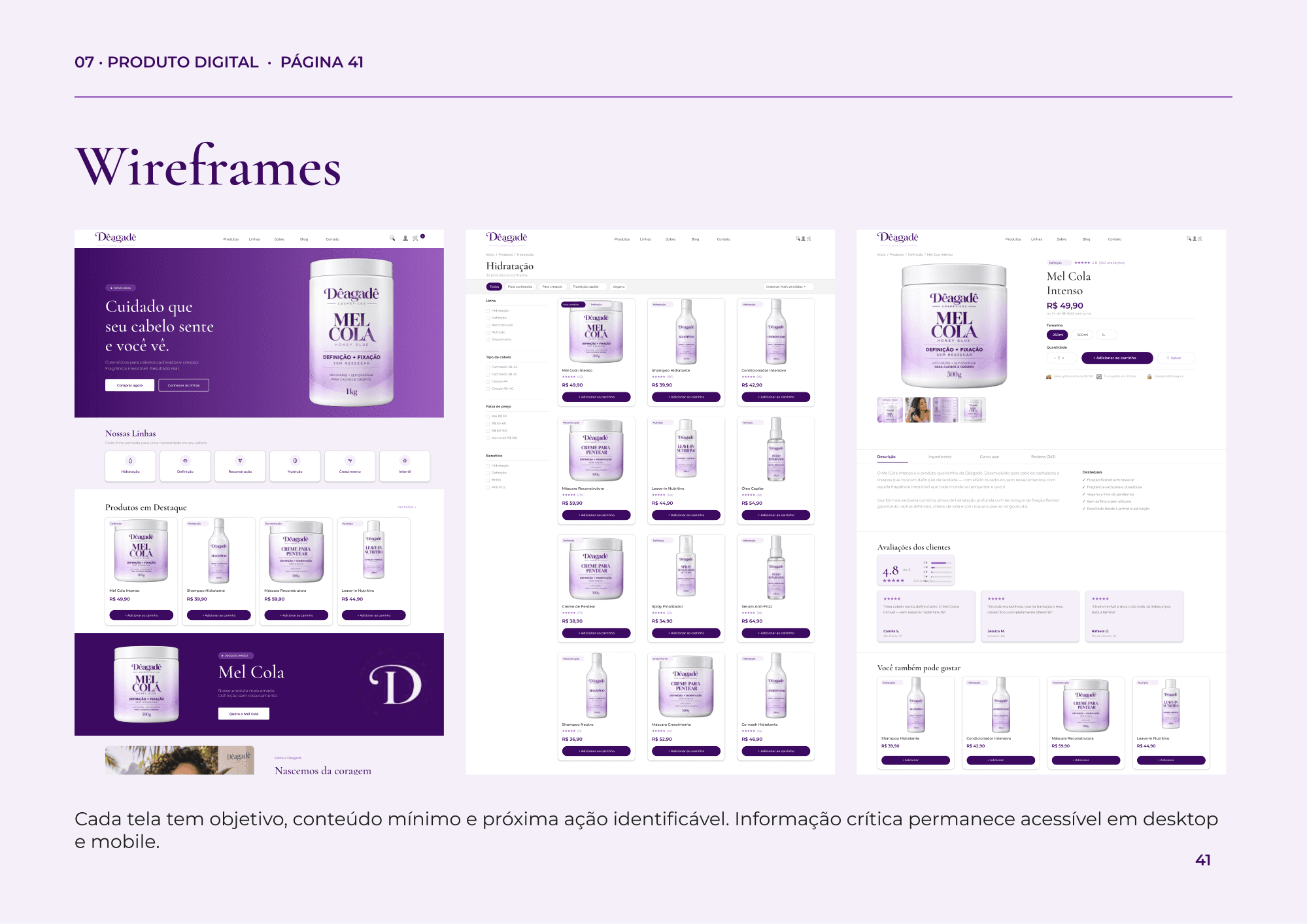 Wireframes da home, da listagem de produtos e da página de produto do site