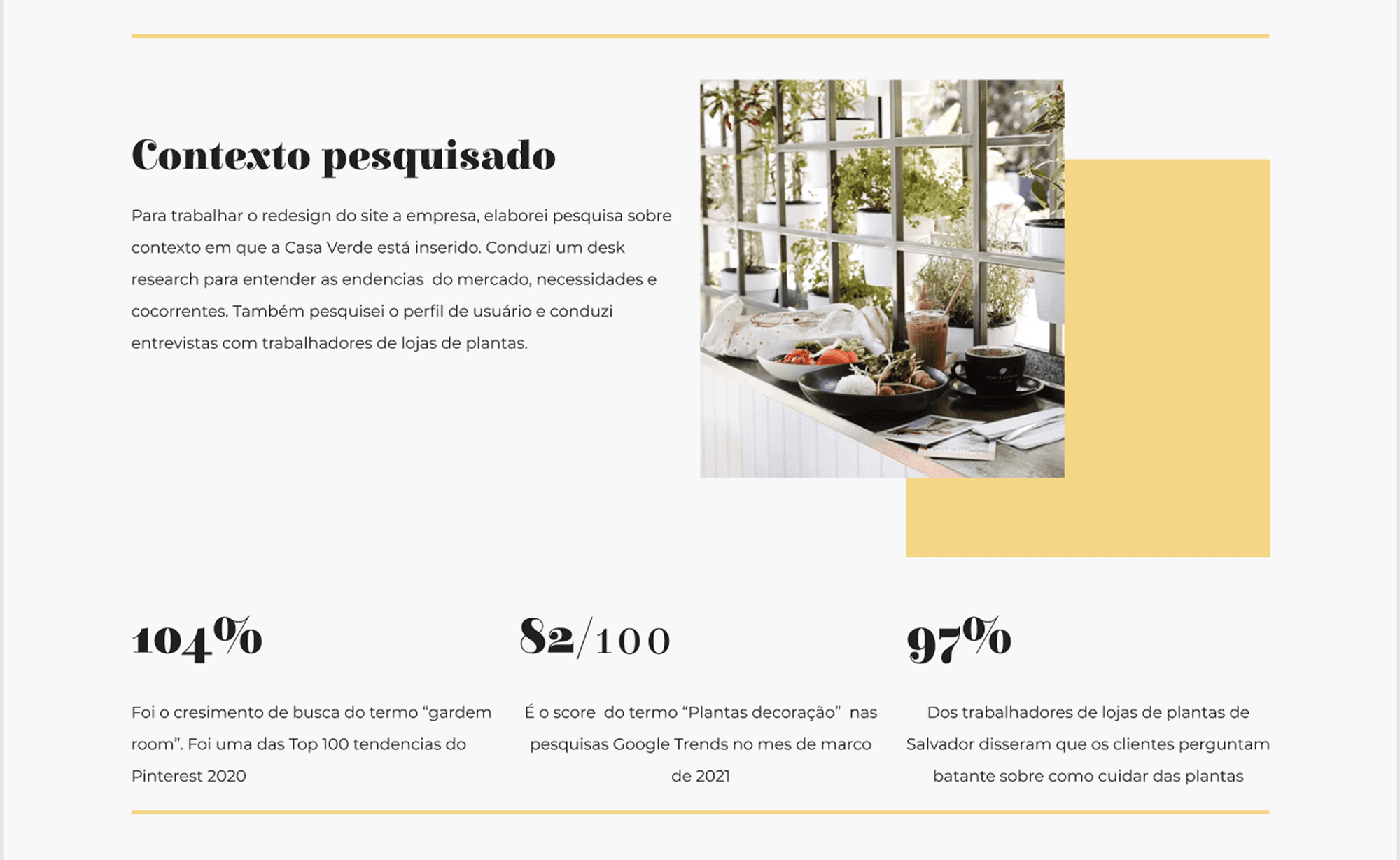Slide de contexto pesquisado: tendências de mercado sobre plantas e decoração, com estatísticas de crescimento de busca