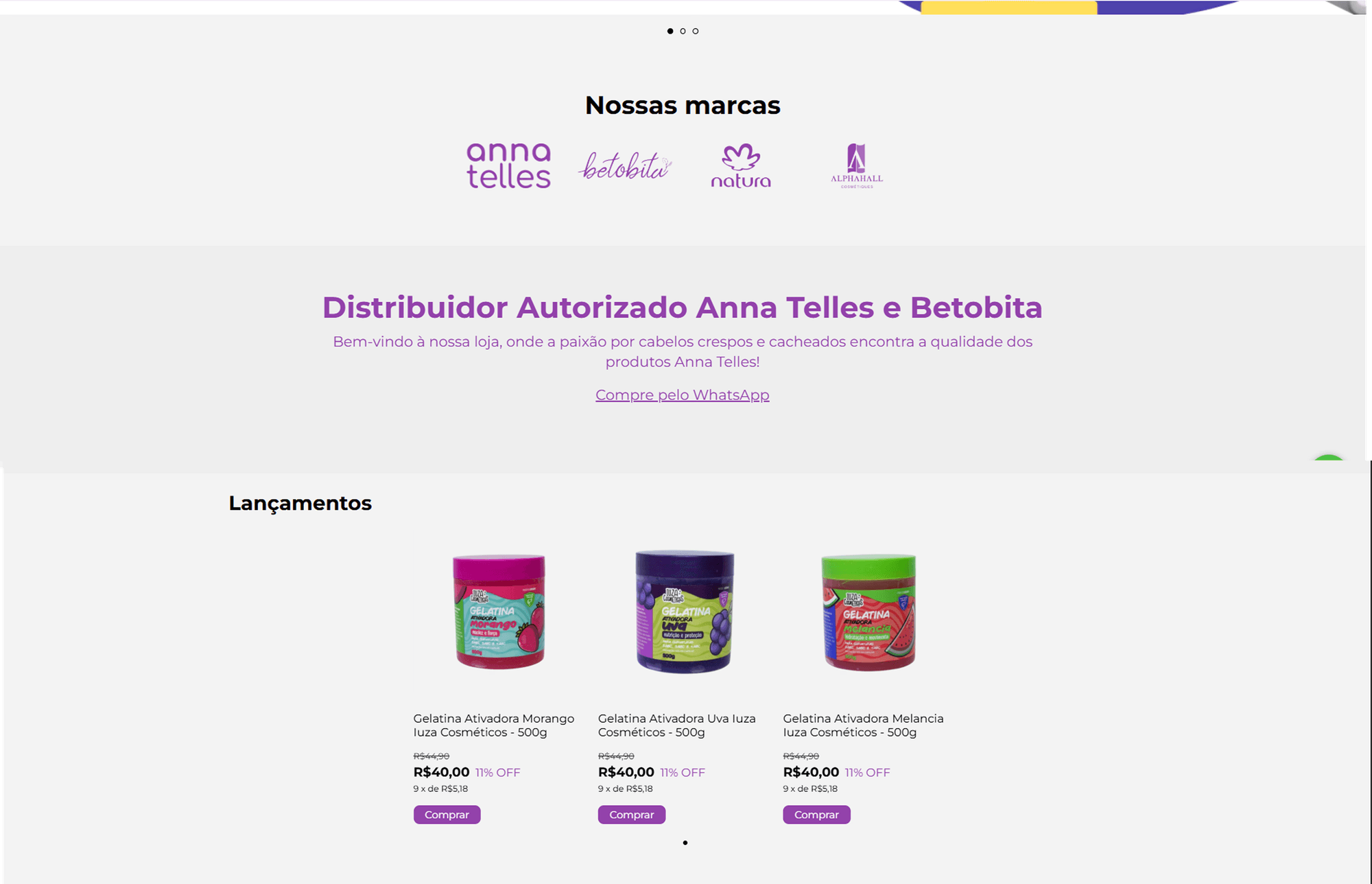 Seção 'Nossas marcas' e banner 'Distribuidor Autorizado Anna Telles e Betobita' na home da loja
