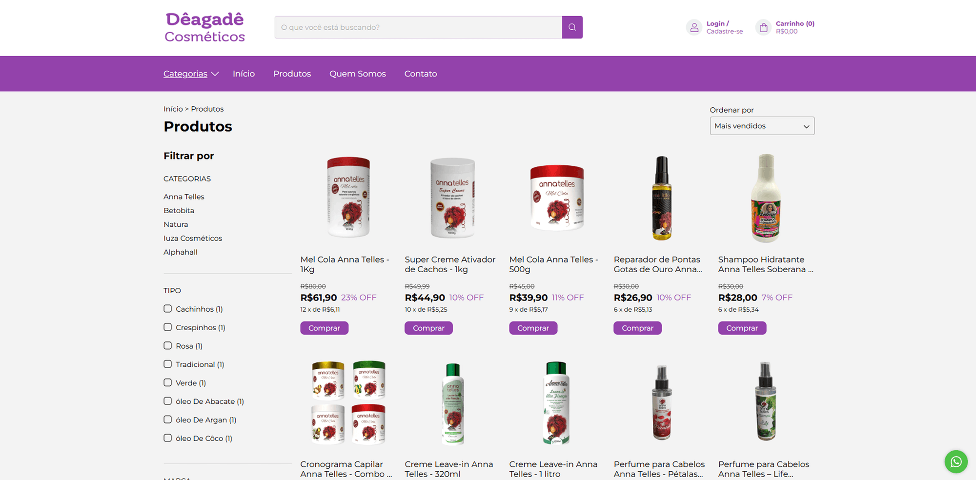 Catálogo de produtos da loja, com filtros por categoria e tipo de cabelo