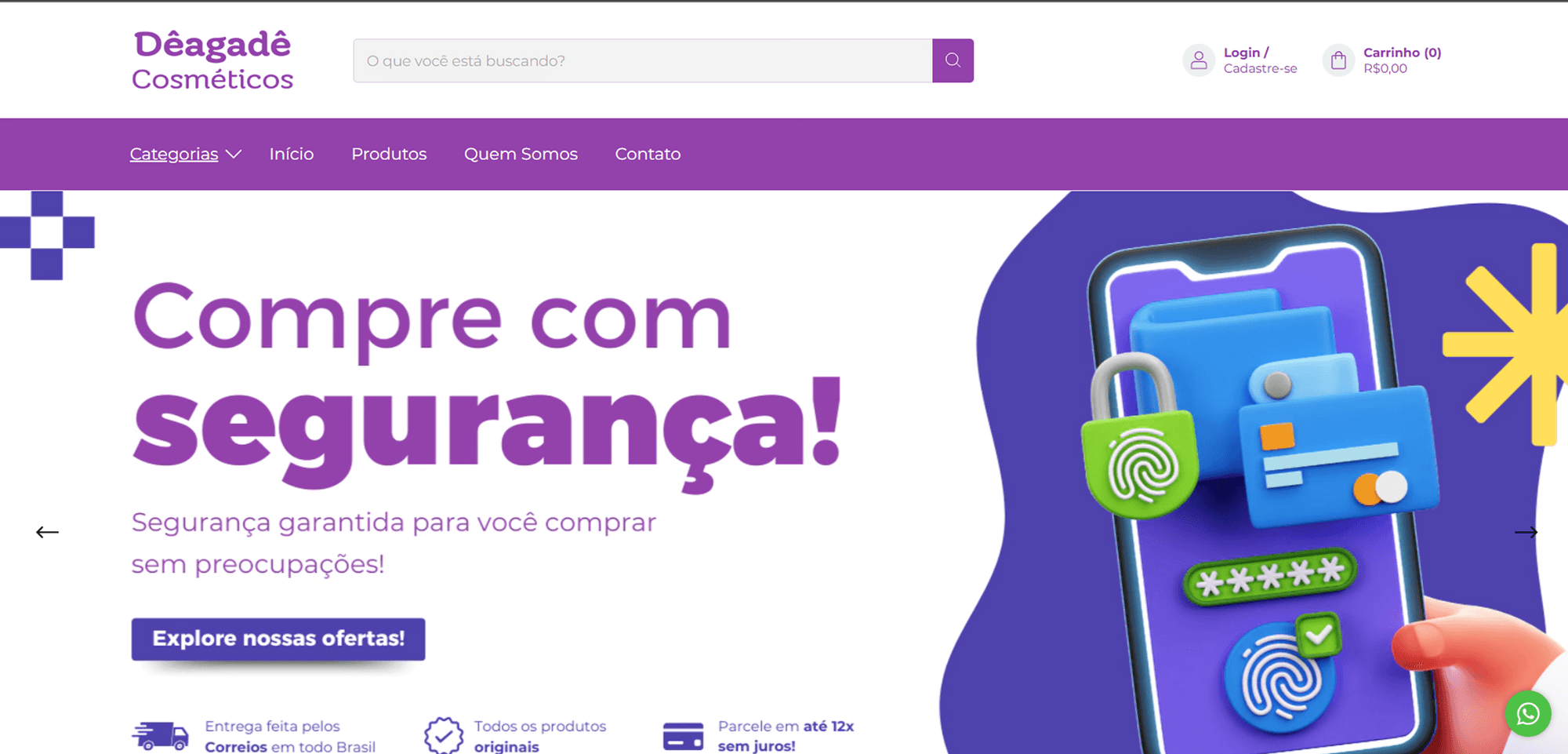 Home da loja Dêagadê Cosméticos com o banner 'Compre com segurança'