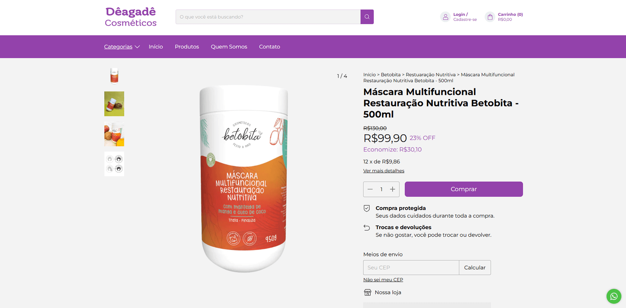 Página de produto da marca Betobita, com preço, descontos e opção de compra