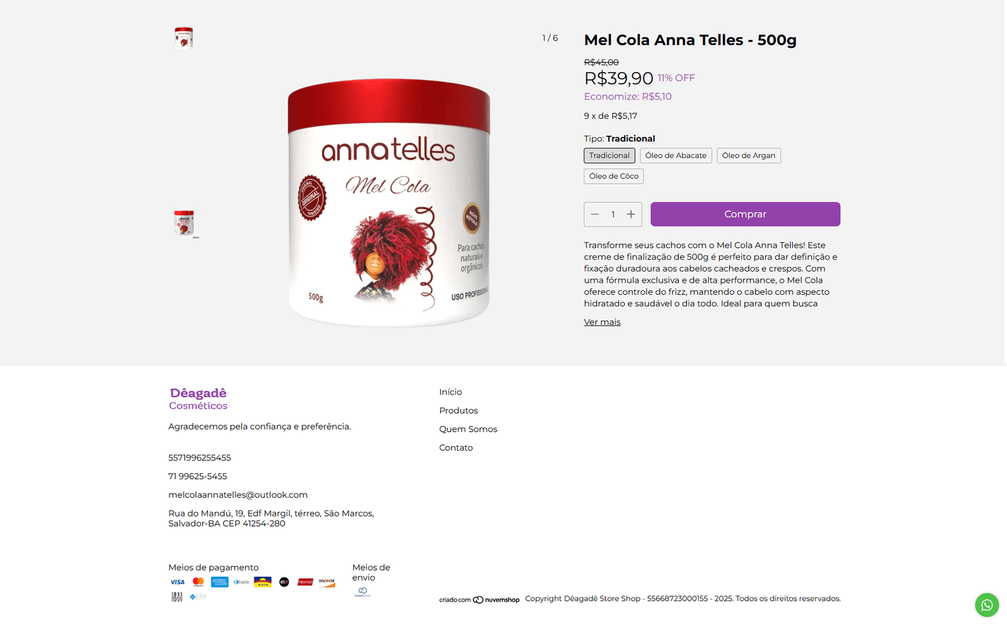Página de produto com preço, formas de pagamento e informações da loja no rodapé