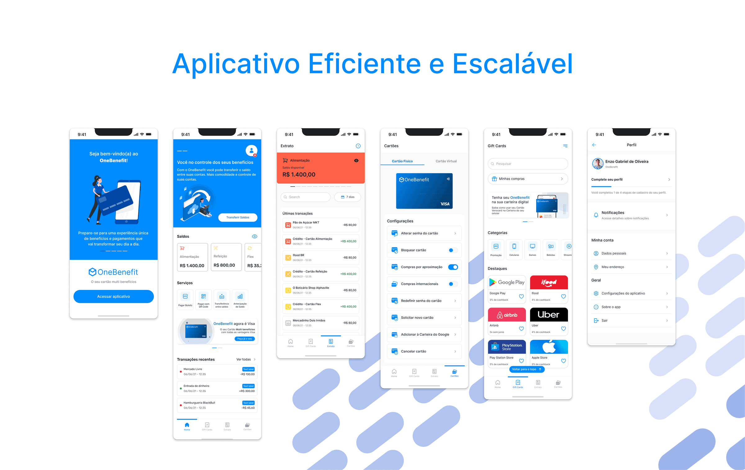 Telas do aplicativo OneBenefit: onboarding, saldos e transações, extrato, cartões, gift cards e perfil do usuário