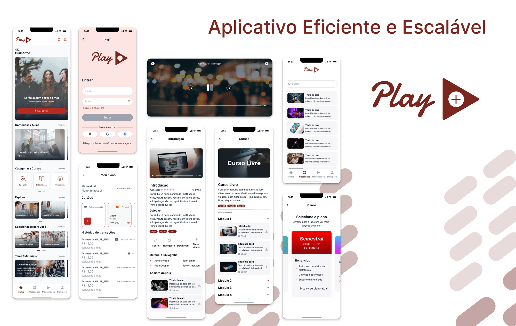 Telas do aplicativo Play+: login, player de vídeo, catálogo de cursos, detalhes do curso e planos de assinatura