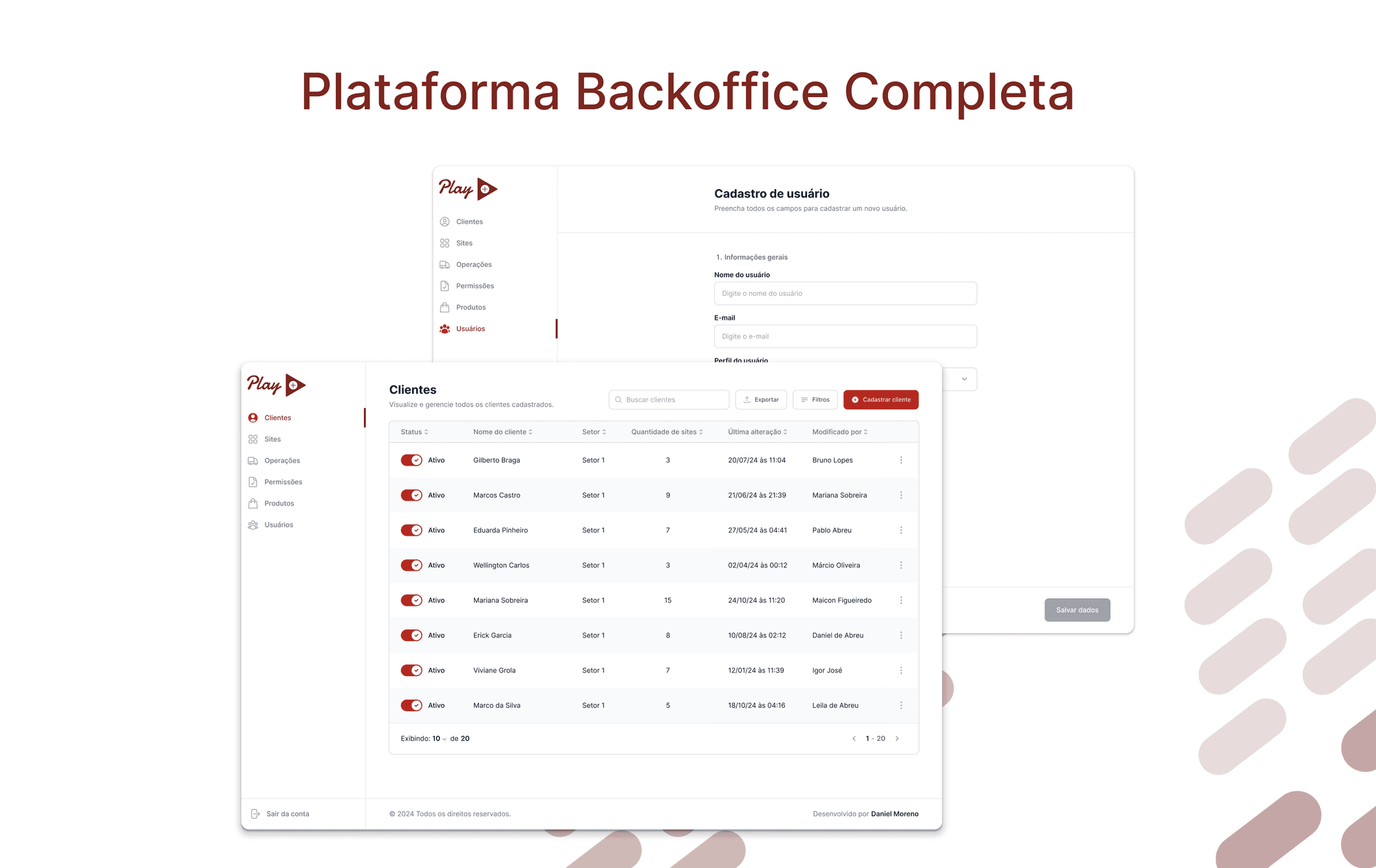 Backoffice do Play+: cadastro de usuário e listagem de clientes com status, quantidade de sites e histórico de alterações