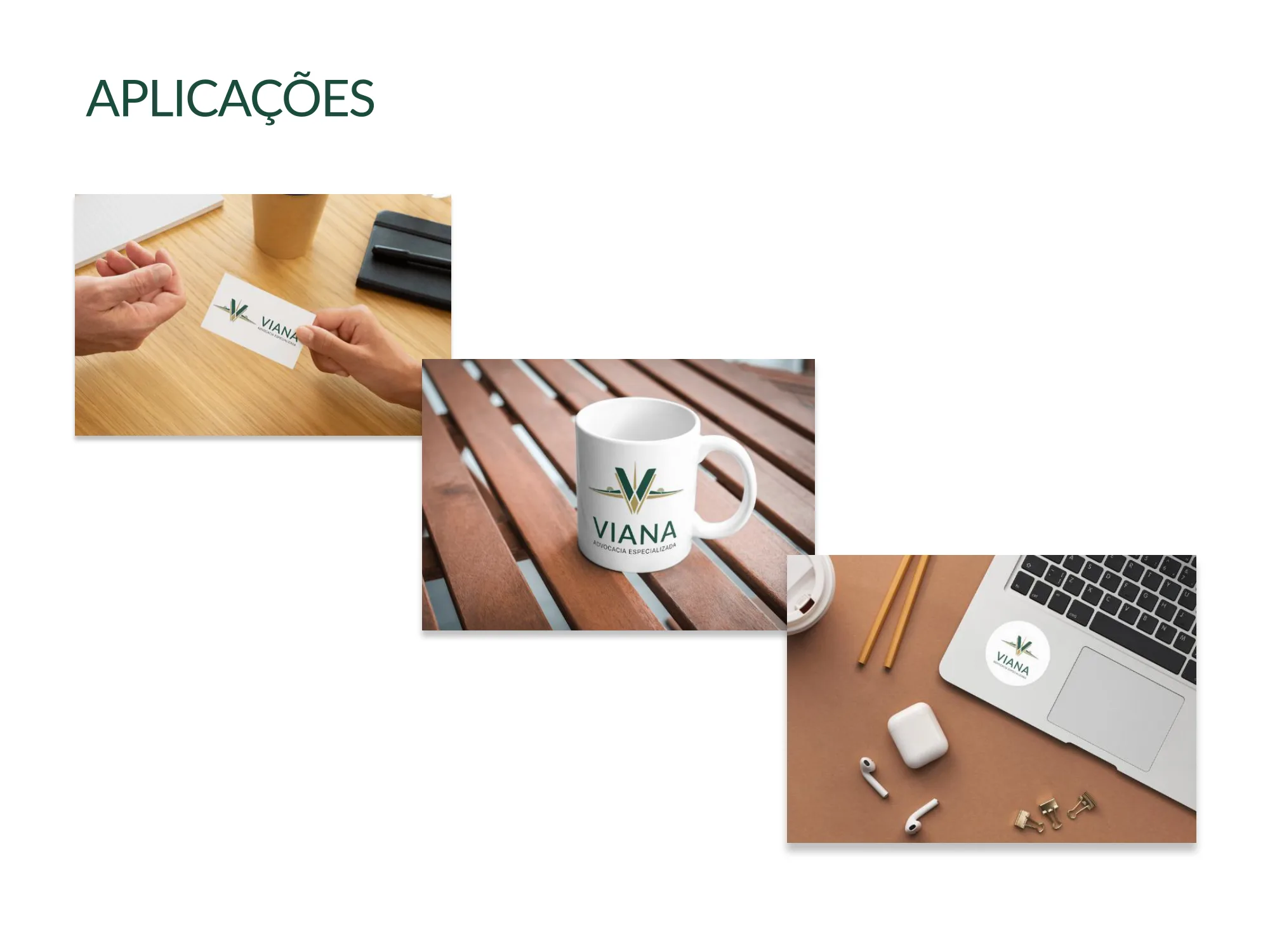 Mockups de cartão de visita, caneca e adesivo de notebook com a marca Viana