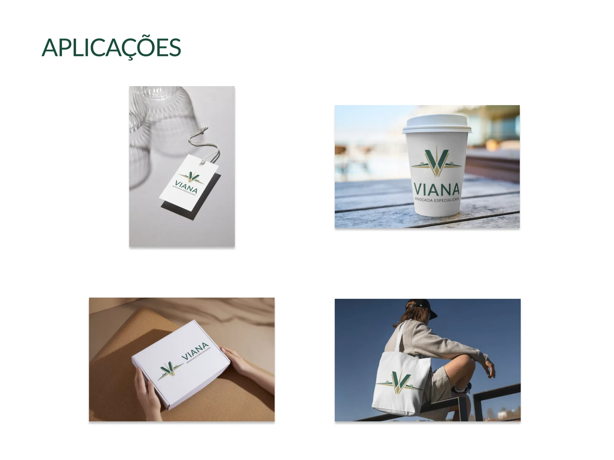 Mockups de tag, copo, caixa e ecobag com a marca Viana