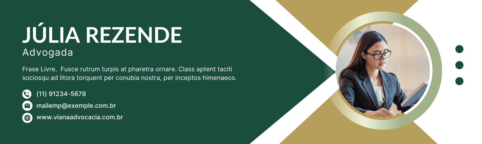 Modelo de assinatura de e-mail em verde e dourado, com foto, cargo e contatos