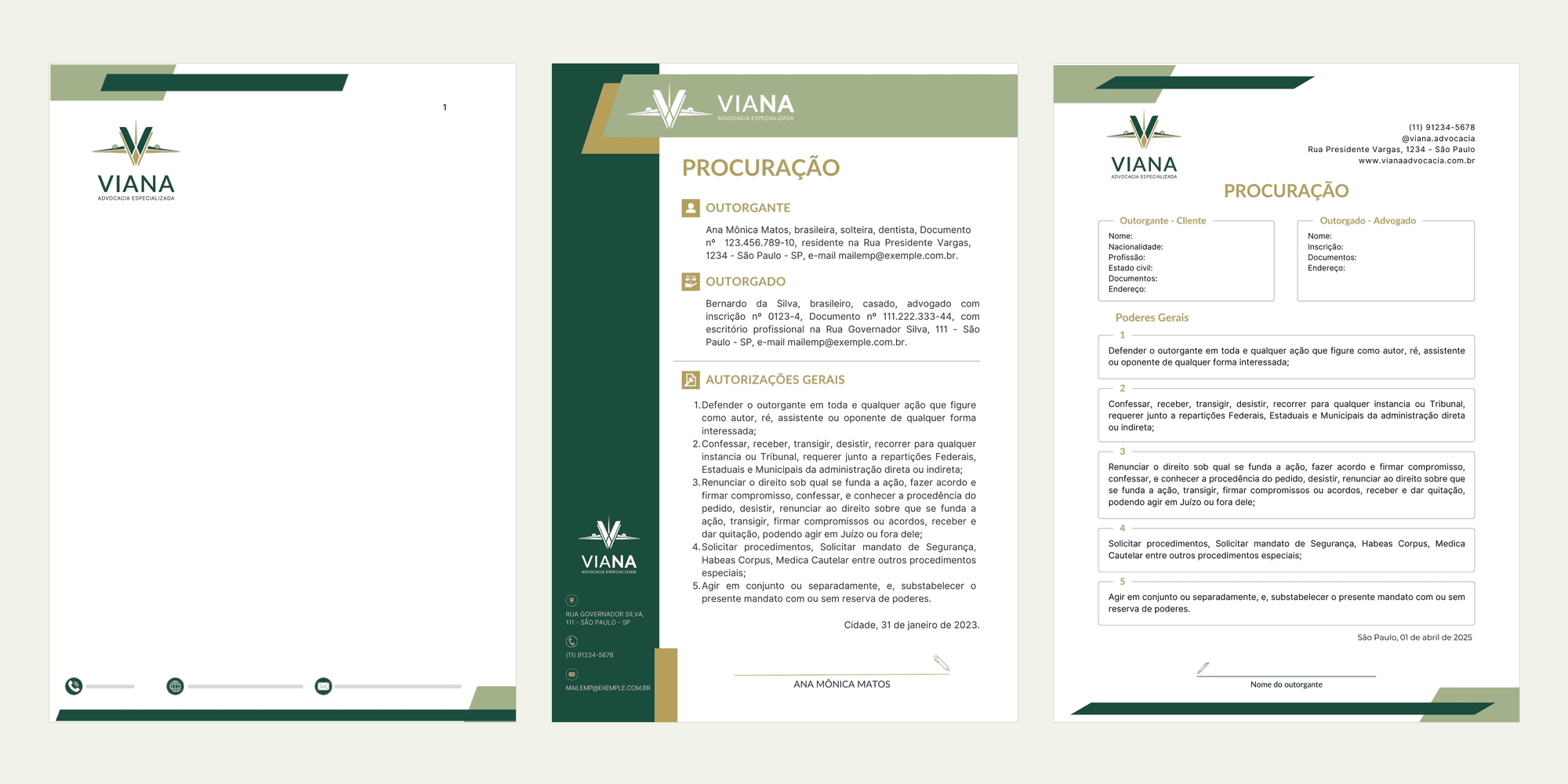 Papel timbrado e dois modelos de procuração da Viana lado a lado