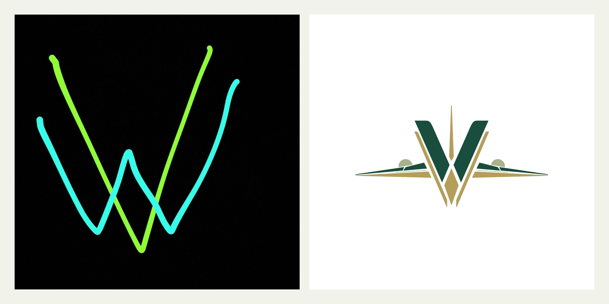 À esquerda, o esboço do cliente com um V verde sobreposto a um W azul; à direita, o símbolo final, um V com asas de avião em verde e dourado