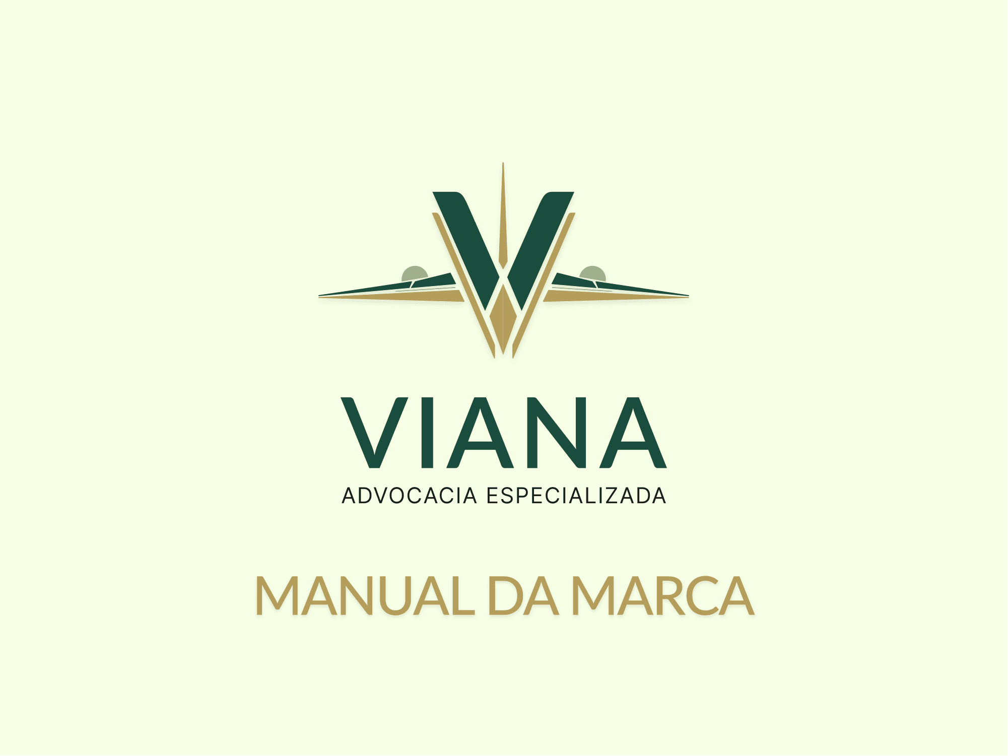 Capa do Manual da Marca Viana Advocacia Especializada, com o símbolo e o logotipo em verde e dourado