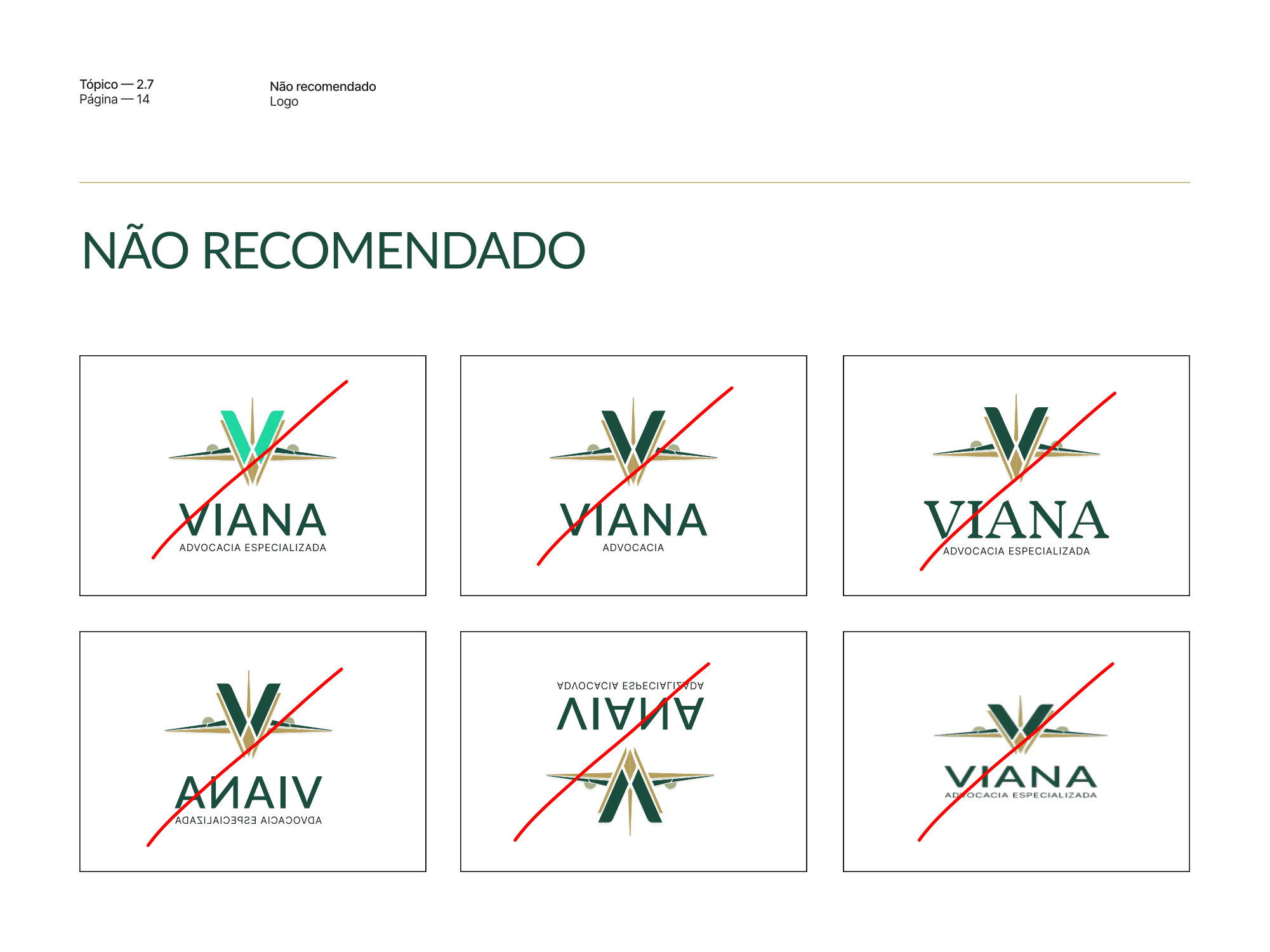 Seis exemplos de uso não recomendado da marca, como cor trocada, texto alterado e logo espelhado