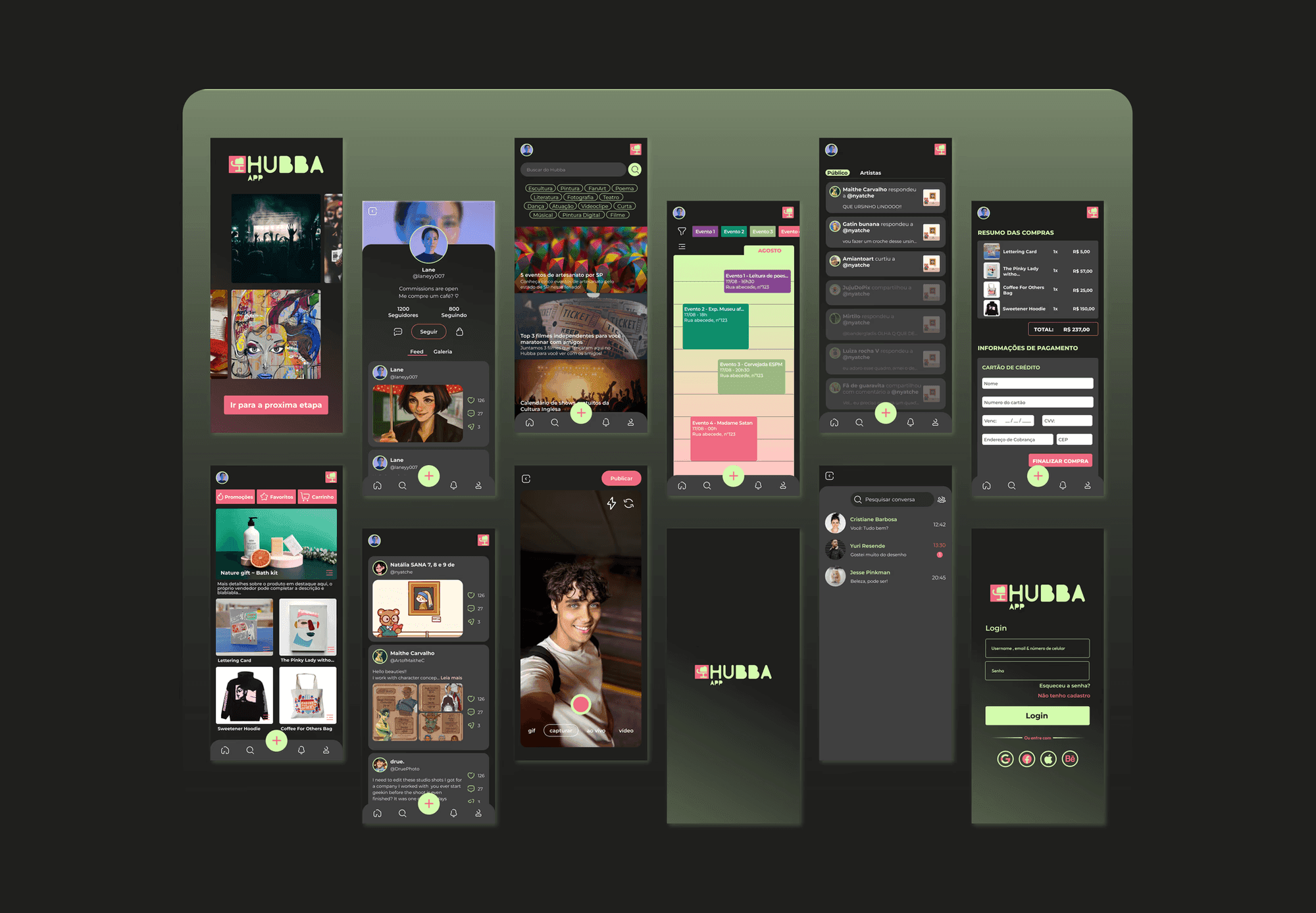 Telas do app Hubba: feed, perfil de artista, marketplace, chat, checkout e login