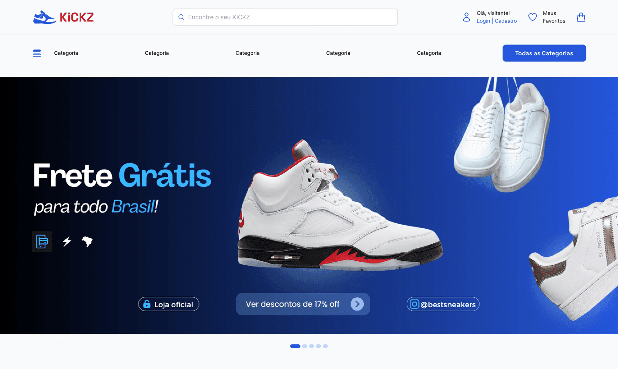 Home da loja KiCKZ com header de busca e categorias, e banner 'Frete Grátis para todo Brasil'