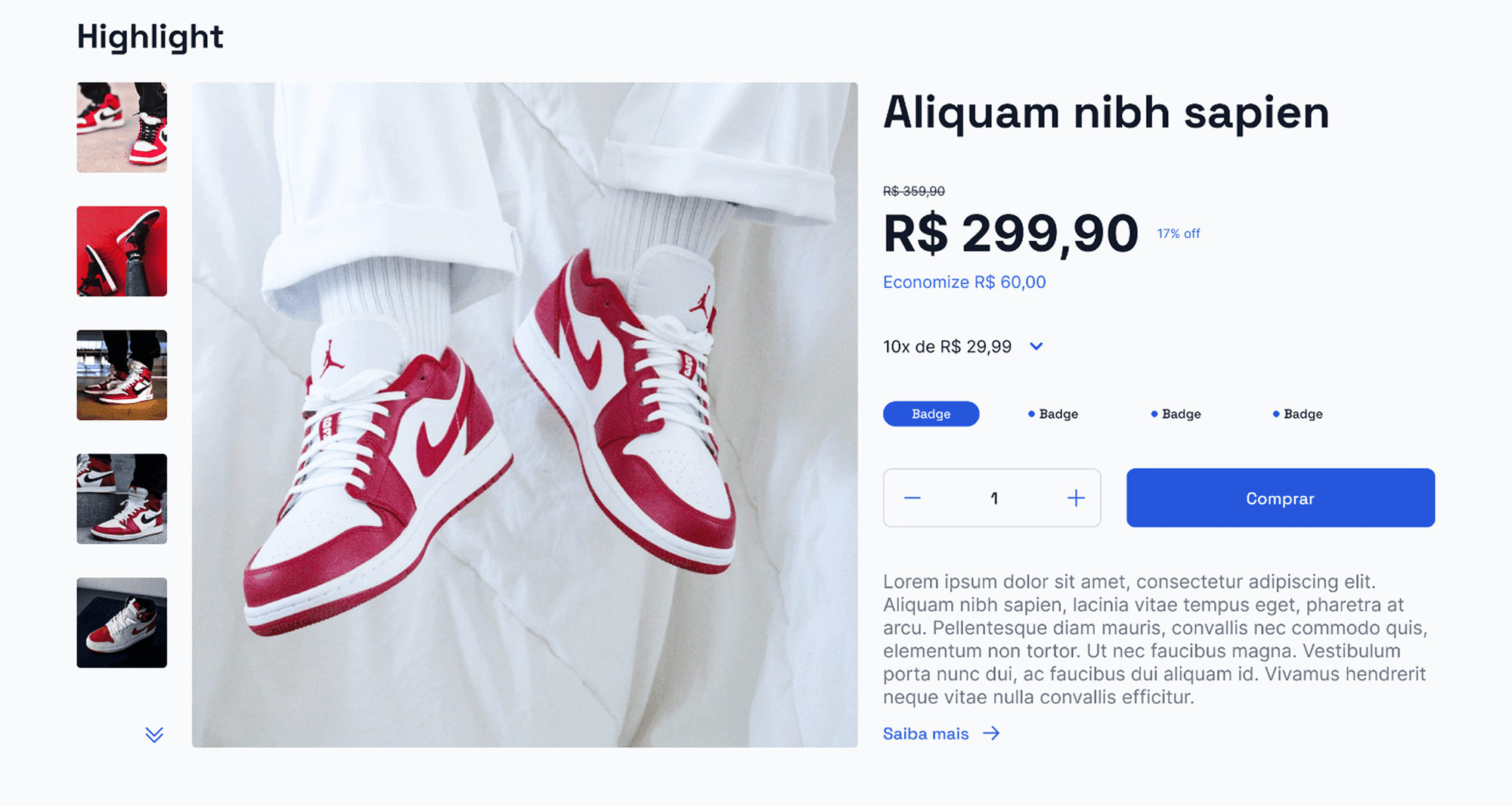 Página de destaque de produto na KiCKZ, com galeria de imagens, preço, parcelamento e botão de compra